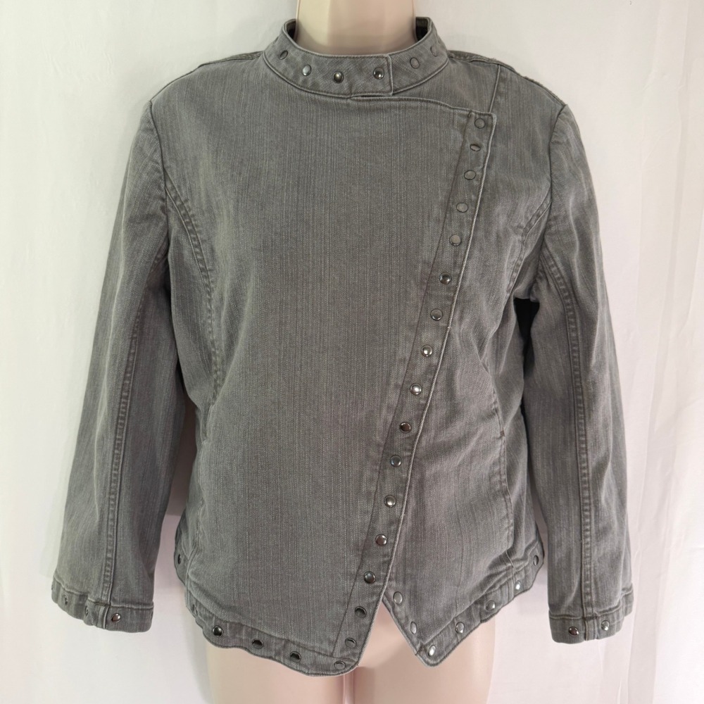 Gray Denim Asymmetrical Zip Moto Jacket Snap Stud Detail Mock Neck Gray Wash